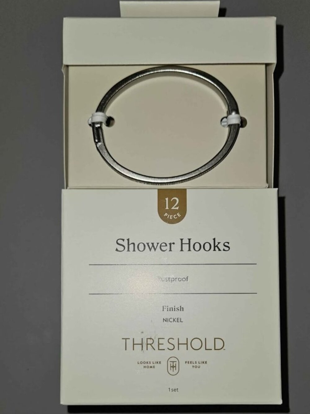 New Threshold Oval nickel finish shower hooks. Set of 12